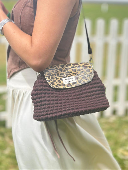 Handmade Crochet Bag – Wooden Base & Hand Painted Leather Flap